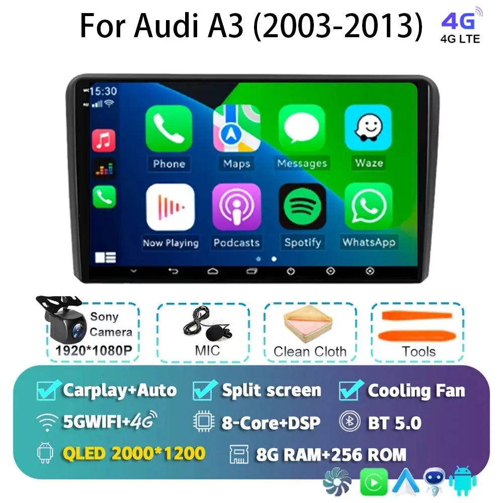 Car Radio Android 15 Carplay Auto For Audi A3 8P 2003-2013 2din Multimedia Player GPS Navigation Audio Stereo DSP Camera 5G BT