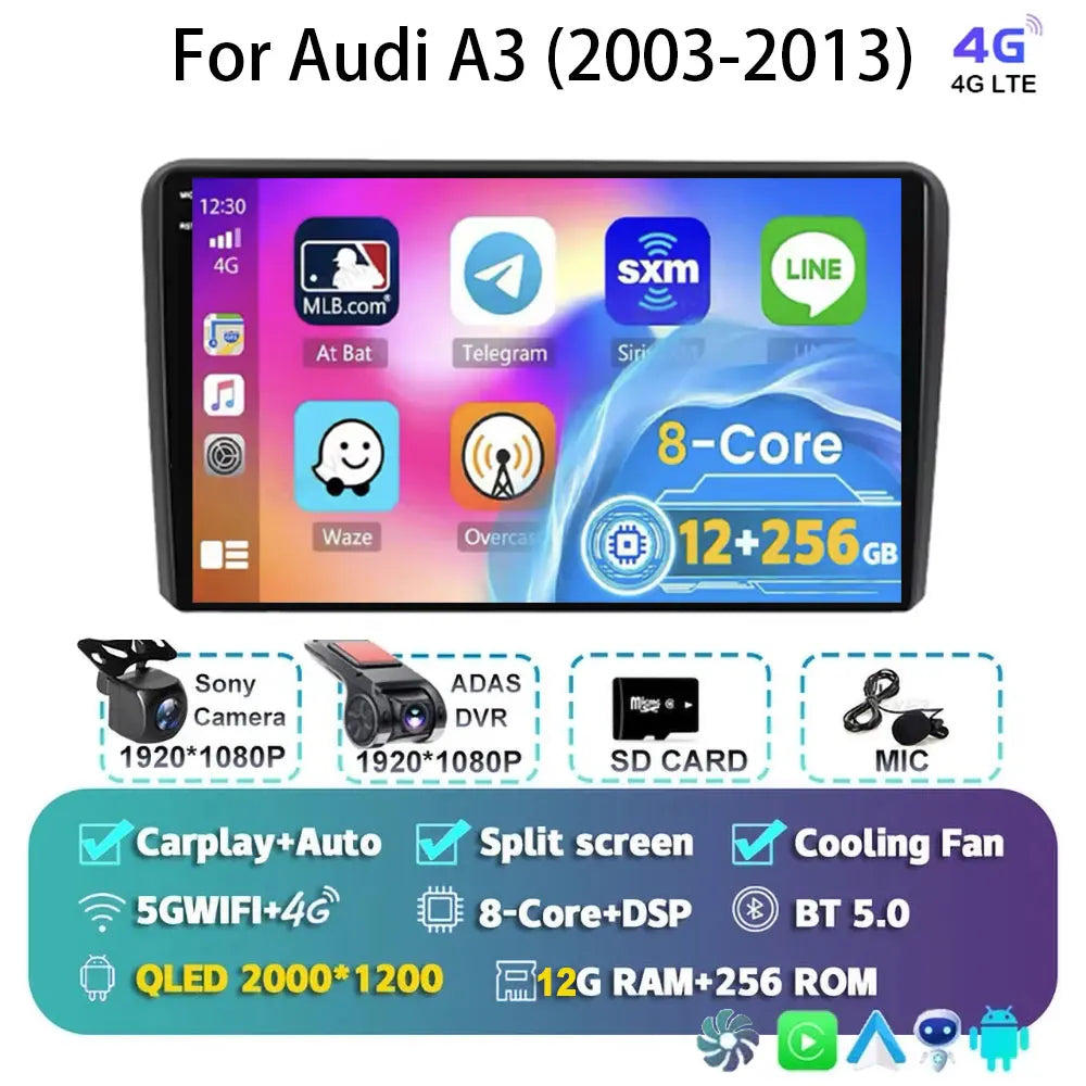 Car Radio Android 15 Carplay Auto For Audi A3 8P 2003-2013 2din Multimedia Player GPS Navigation Audio Stereo DSP Camera 5G BT