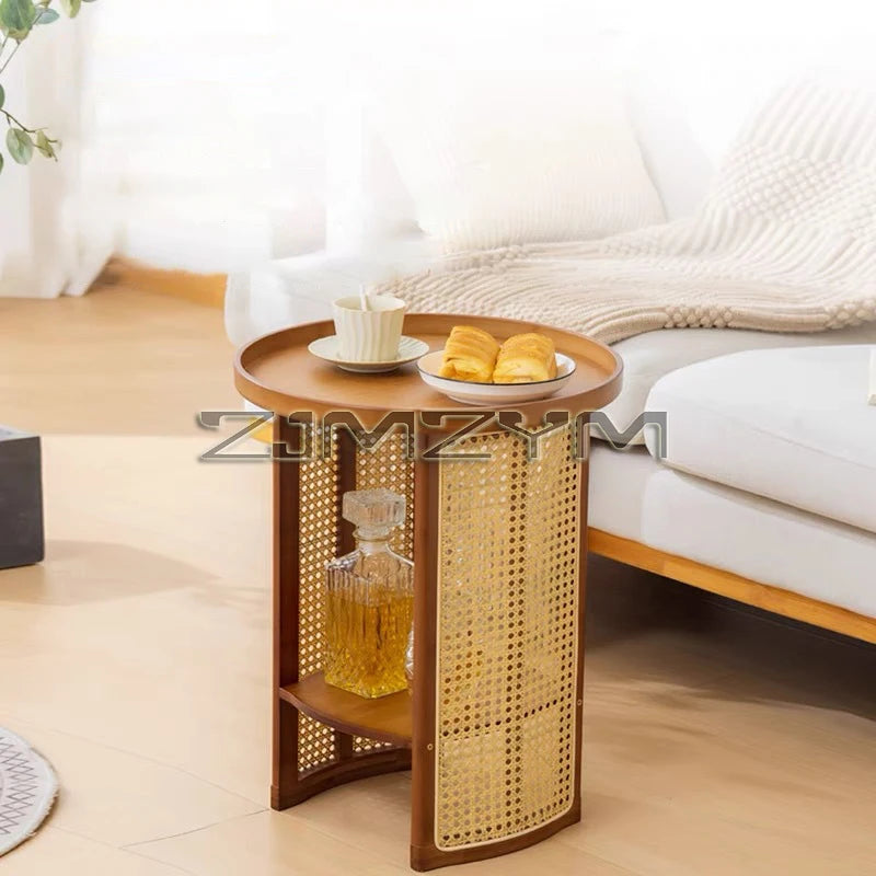 Rattan Side Table Sofa Storage Corner Desk Small Round Coffee Table Double-Layer Edge Bedside Table Balcony Sides Tables