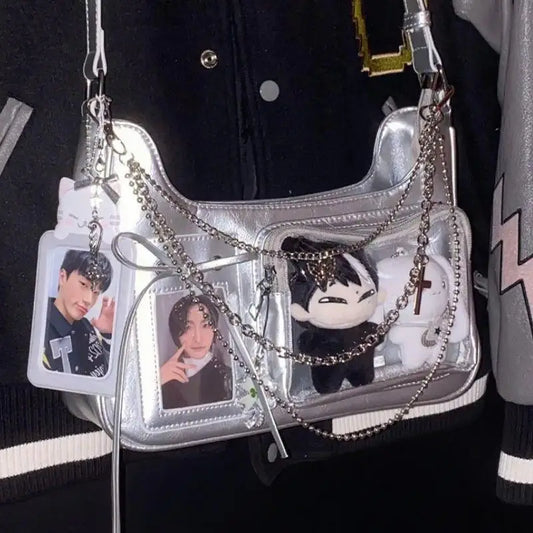 Y2K Cute Bow Ita Bag Girl Transparent Messenger Bag Women Fashion Shoulder Crossbody Bag Ladys DIY Badge Tote Bag Lolita Handbag