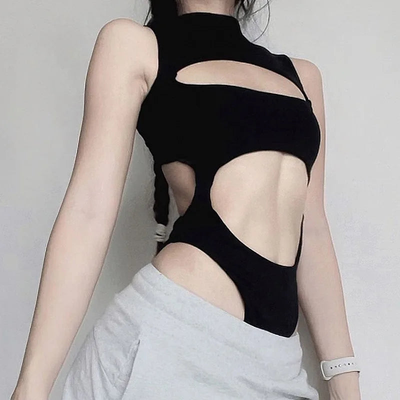 Women's Gothic Techwear Sexy Hollow Out Sleeveless Tank Tops, Bodysuit for Women, Streetwear Style, Backless Playsuit Vest