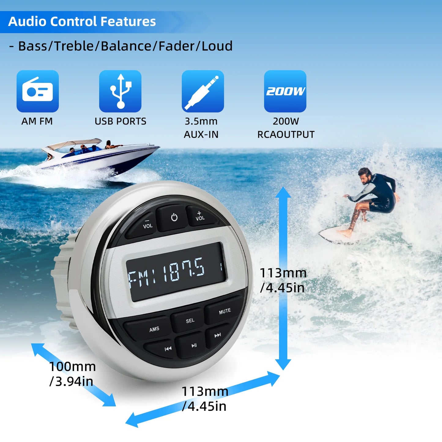 Bluetooth-compatible Marine Stereo Boat Radio Waterproof FM AM Digital Media Audio Player For Yacht Gauge ATV UTV Cart Motorcycl