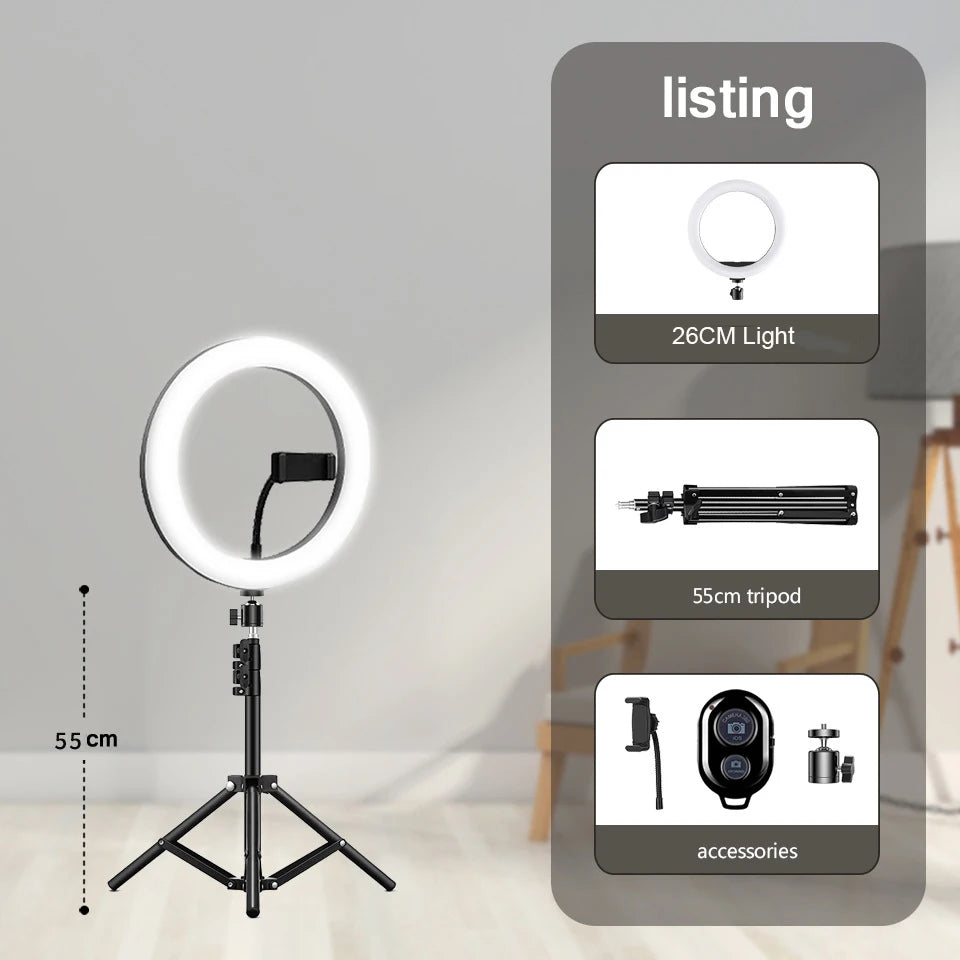 26CM Photography Lighting Vlog Youtube Fill Ring Light Lamp Live Phone Ringlight Tripod Stand Photo Led Selfie