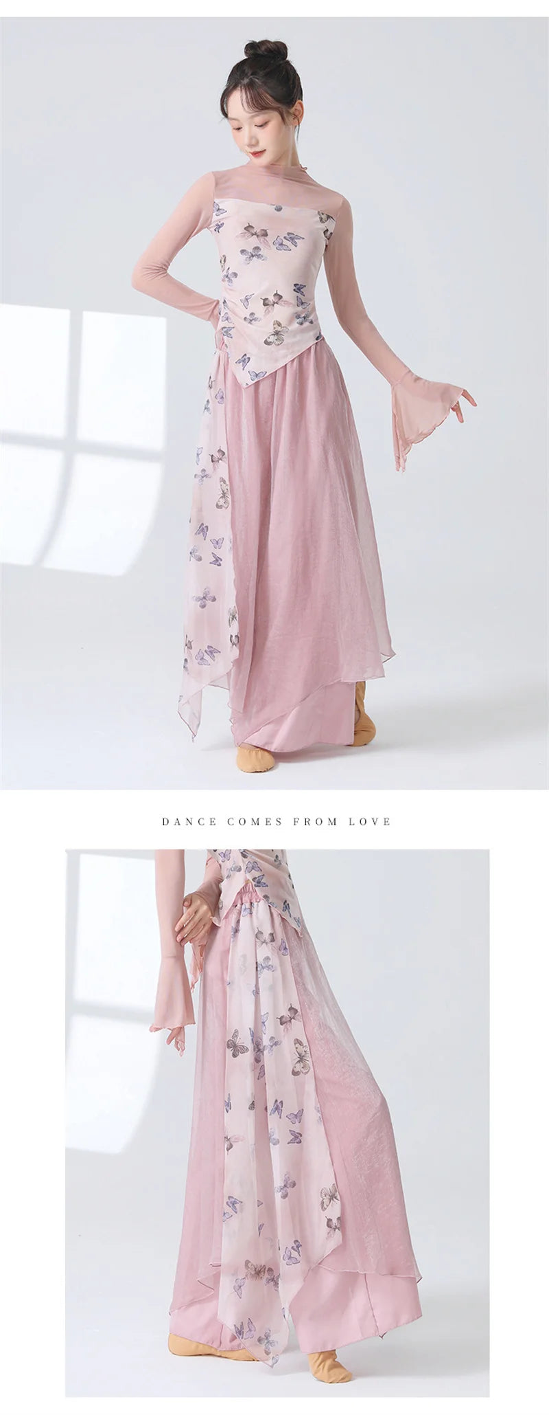 Women 2 Layers Dance Trousers Gauze Print Chiffon Culottes Flowy Skirt Pant Loose Wide Leg Modern Hanfu Elegant Practice Clothes