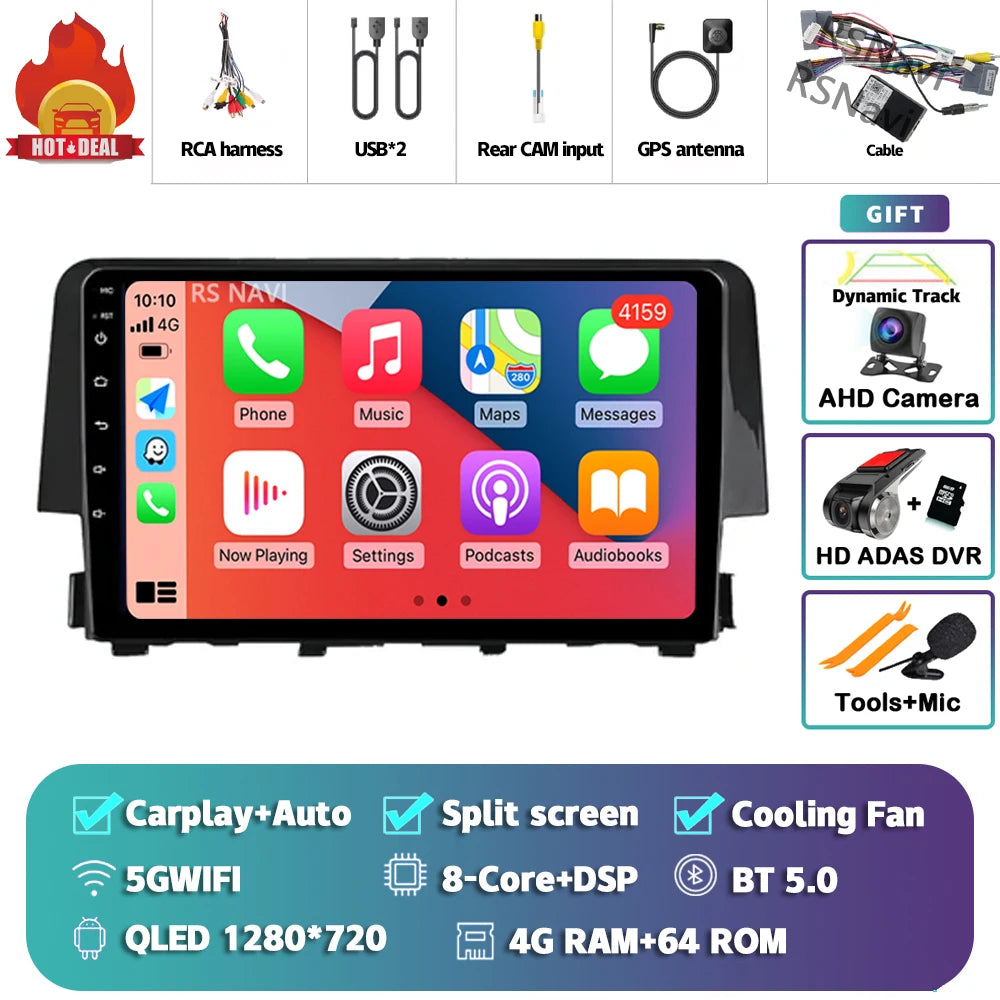 Android 15 Carplay Auto Car Radio Multimedia Player For Honda Civic 10 FC FK 2015 - 2020 Audio Autoradio Stereo 2din Wireless BT