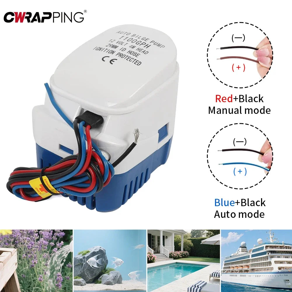 12V 1100GPH Boats Fully Automatic Submersible Bilge Water Pump with Float Switch for Pool Garden Boat Bilges Marine Accessories
