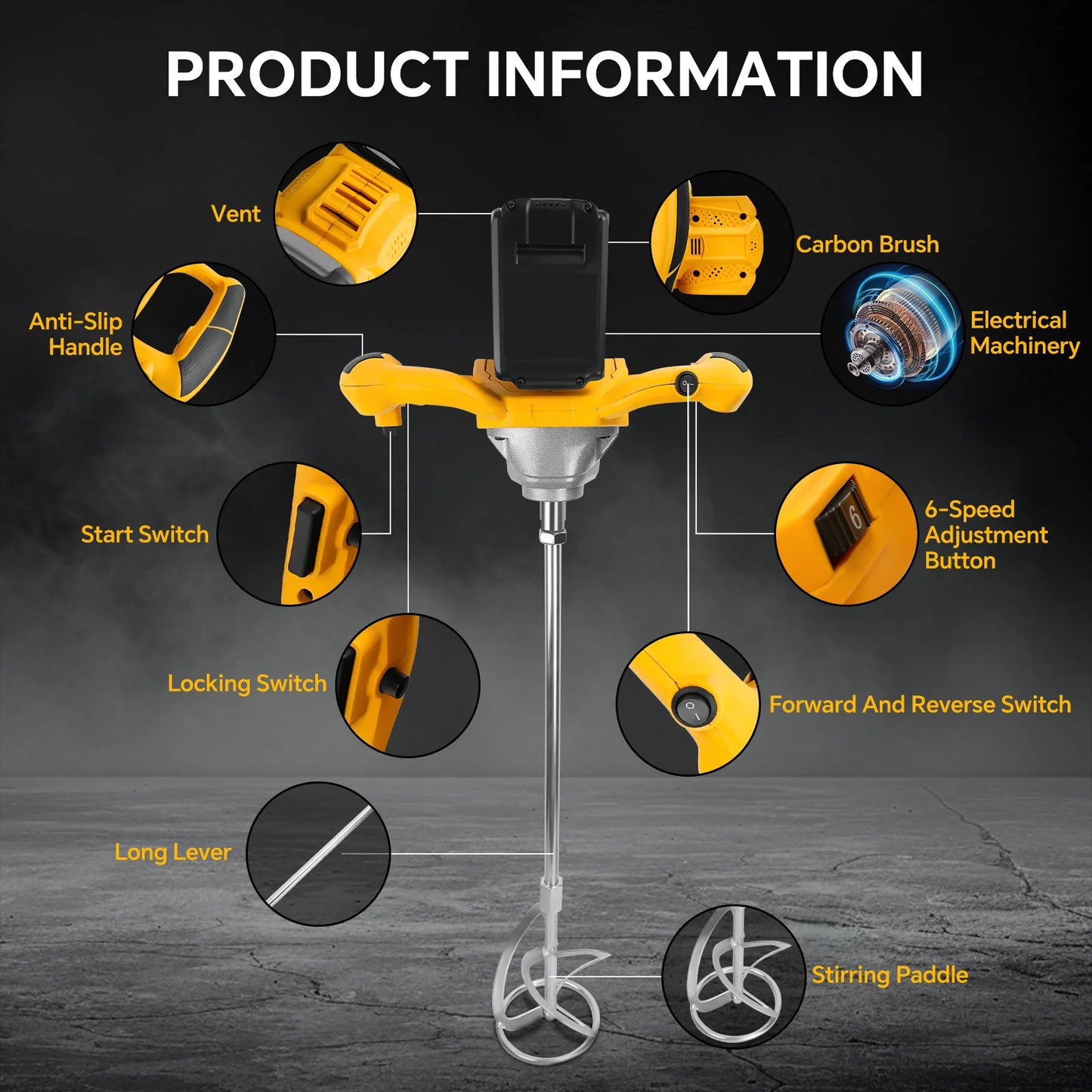 Concrete Cement Electric Mixer Machine 1200W Brushless with 6 Adjustable Speed Handheld Cement Mixer for Dewalt 20V Battery