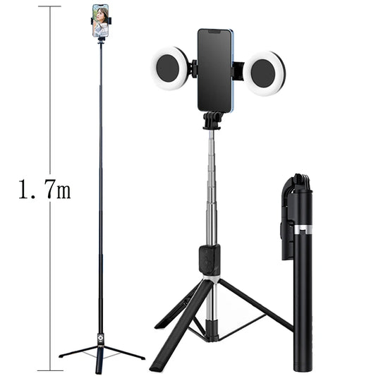 1.7m Extendable live Tripod Selfie Stick Support LED Ring Dual light mirror Stand 4 in 1 Phone Mount for iPhone X 8 11 Android