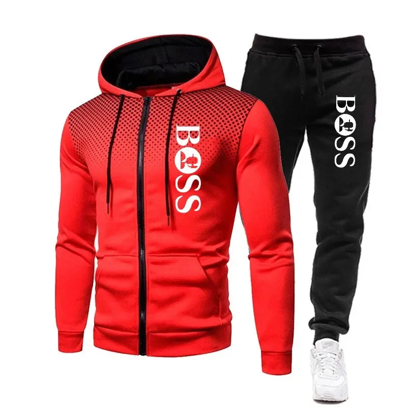 2025 Men's Fall/Winter Leisure fitness basketball two-piece outdoor fashion zipper hooded jacket + jogging pants set