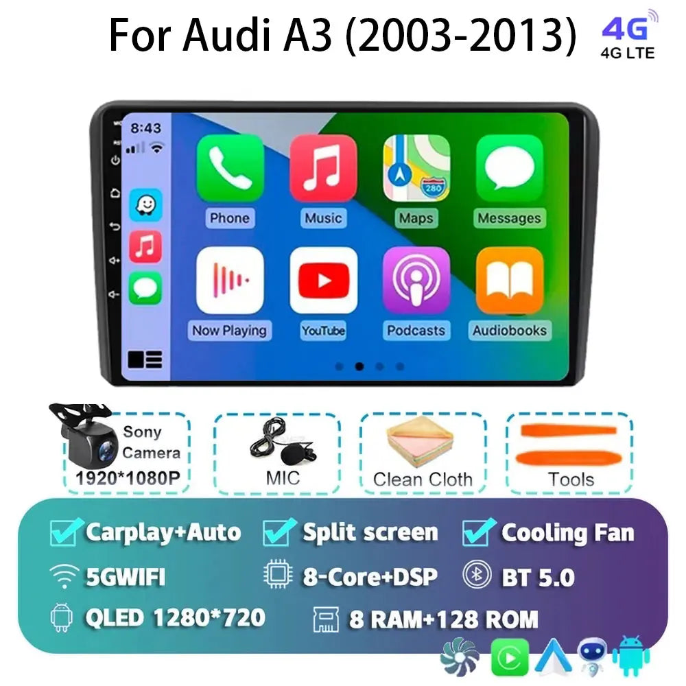 Car Radio Android 15 Carplay Auto For Audi A3 8P 2003-2013 2din Multimedia Player GPS Navigation Audio Stereo DSP Camera 5G BT