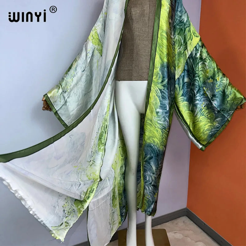 WINYI kimono new fashion print купальник Women Cardigan Loose Long Dress elegant Party Boho Maxi beach Holiday Cover Ups  kaftan
