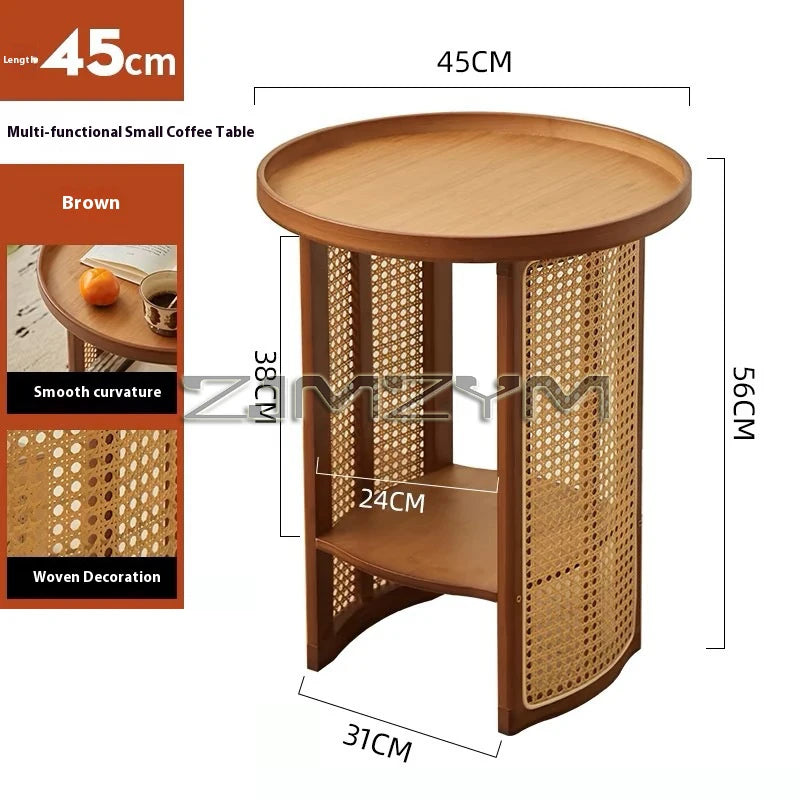 Rattan Side Table Sofa Storage Corner Desk Small Round Coffee Table Double-Layer Edge Bedside Table Balcony Sides Tables