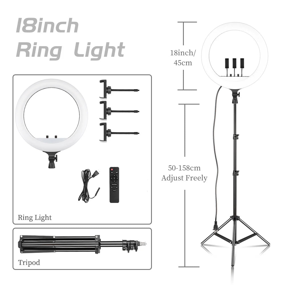 SH 18 Inch Knob Ring Light LED Selfie Video Lamp With Tripod Stand Phone Clip For YouTube Live Lighting Photo Photography Studio