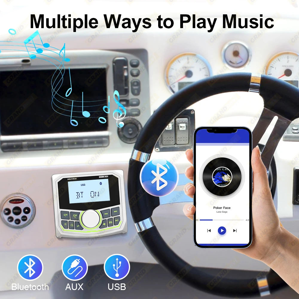 Marine Radio Boat Stereo FM AM Digital Media Audio Player Bluetooth IPX5 Waterproof For Yacht ATV UTV Golf Cart Motorcycle