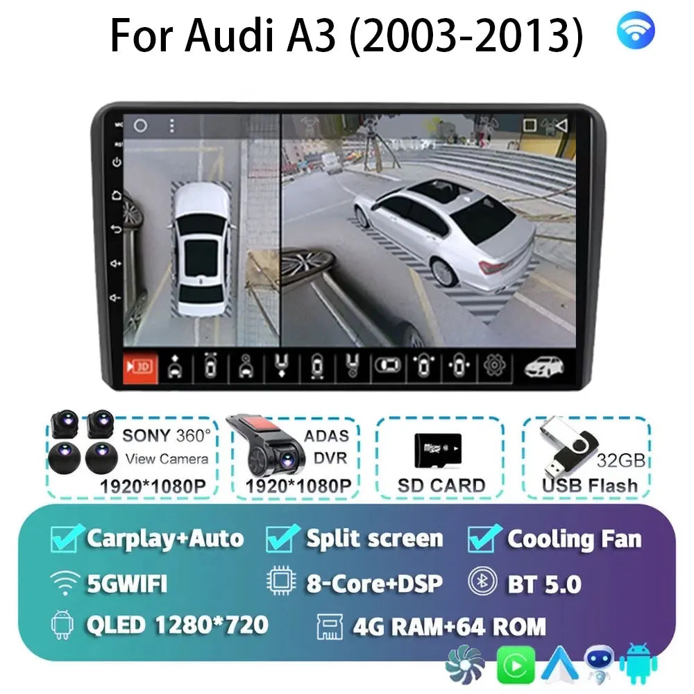 Car Radio Android 15 Carplay Auto For Audi A3 8P 2003-2013 2din Multimedia Player GPS Navigation Audio Stereo DSP Camera 5G BT
