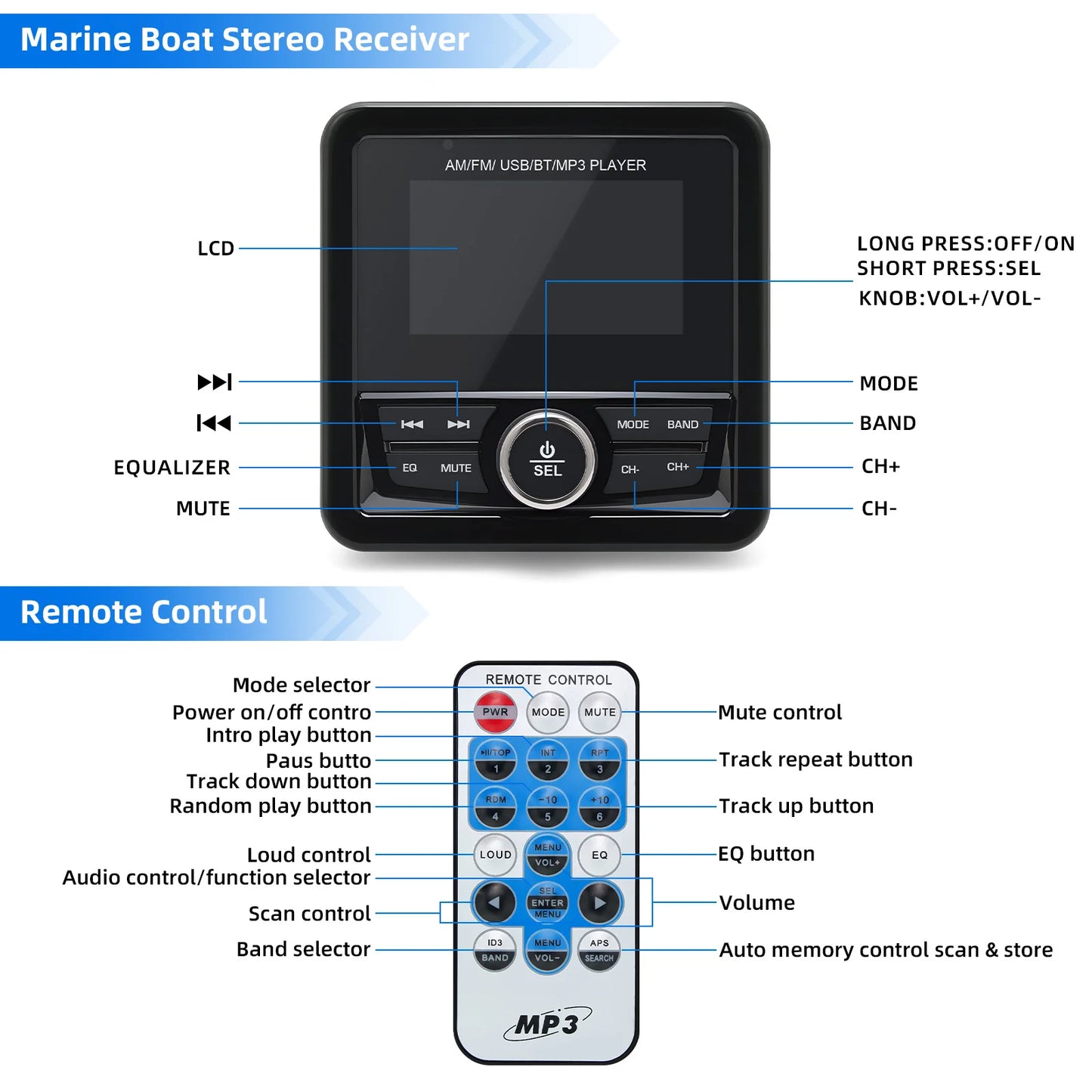 Boat Marine Stereo Radio Waterproof Bluetooth-compatible For Boat/Yacht/Caravan/RV/ATV Radio Player FM AM Media Audio Player