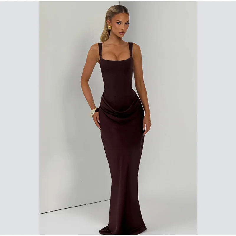 Women Brown Square-neck Pleated Sling Maxi Dress Sexy Sleeveless Off-shoulder Waist Cinching Slim Dresses Evening Party Gown