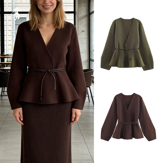 Woman Clothes Tops V Elegant Knit Cardigan For Women With V Neck Tie Waist And Flared Hem Autumn And Winter Workwear Top