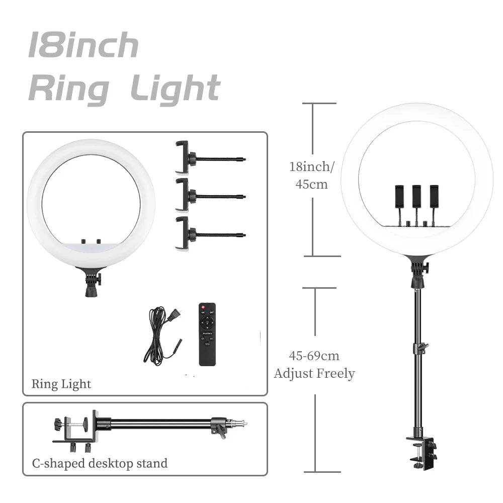 SH 18 Inch Knob Ring Light LED Selfie Video Lamp With Tripod Stand Phone Clip For YouTube Live Lighting Photo Photography Studio