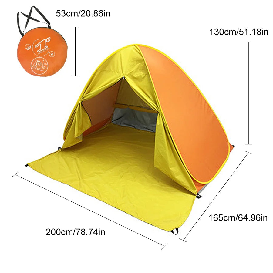 Large 2-3 person family compact and durable portable pop-up beach tent, including 6 ground stakes for fixing. Comes with a stora