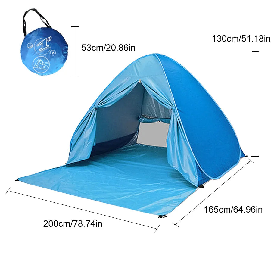 Large 2-3 person family compact and durable portable pop-up beach tent, including 6 ground stakes for fixing. Comes with a stora
