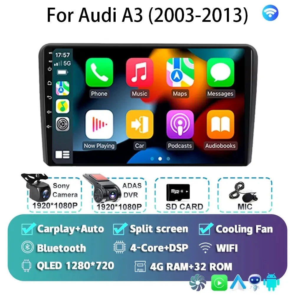 Car Radio Android 15 Carplay Auto For Audi A3 8P 2003-2013 2din Multimedia Player GPS Navigation Audio Stereo DSP Camera 5G BT