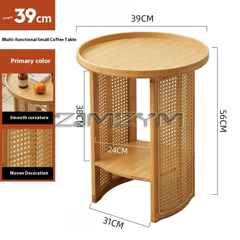 Rattan Side Table Sofa Storage Corner Desk Small Round Coffee Table Double-Layer Edge Bedside Table Balcony Sides Tables