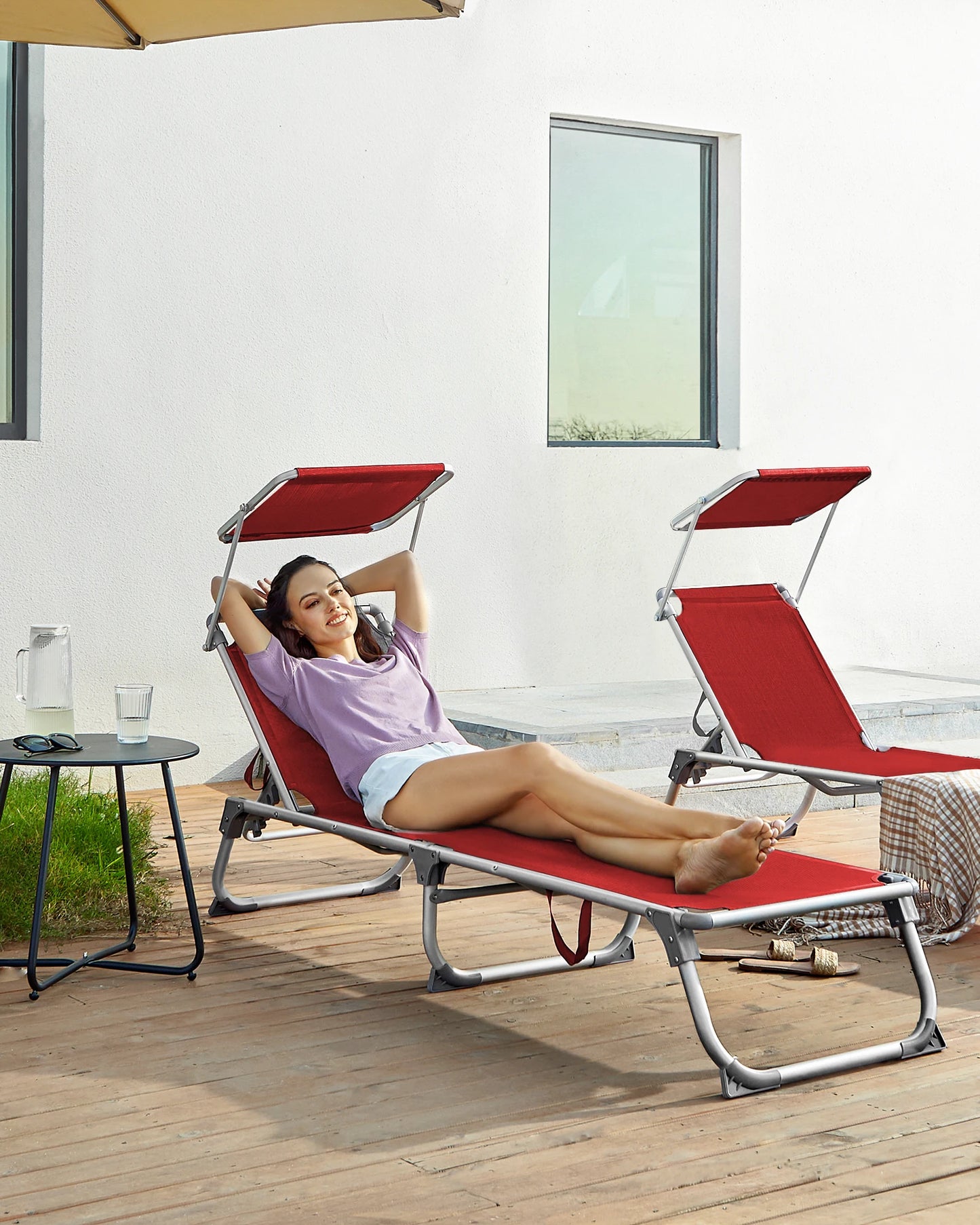 Sun Lounger, 193 x 55 x 31 cm, with Sunshade and Reclining Backrest, for Garden, Swimming Pool, Terrace, Red