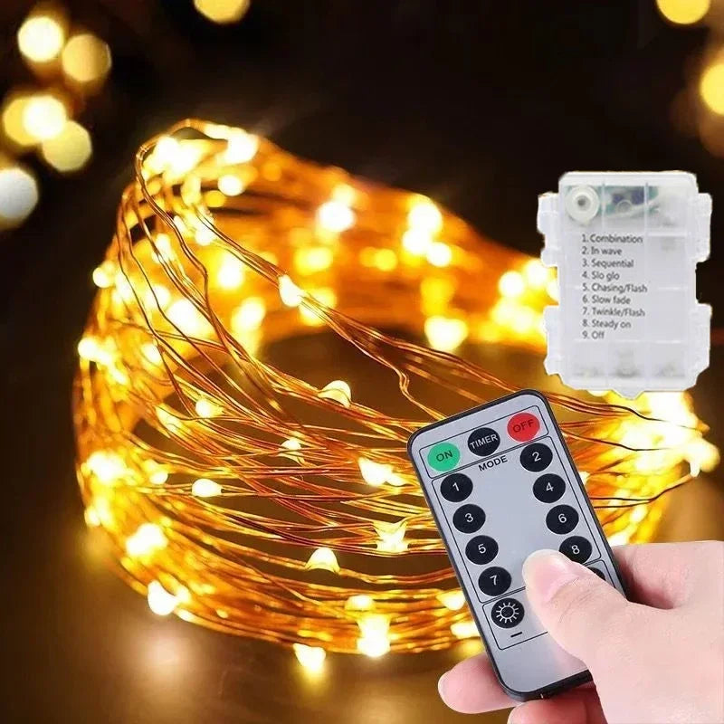 LED Fairy Silver Wire String Light Battery Box with 8 Mode Remote Control Wedding Christmas Garland Lamp Home Bedroom Decoration
