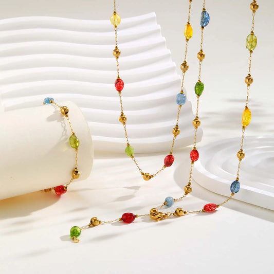 Colorful Rainbow Natural Stone Boho Necklace for Women, Stainless Steel Beaded Chain Y-Shaped Necklace, New Fashion Jewelry