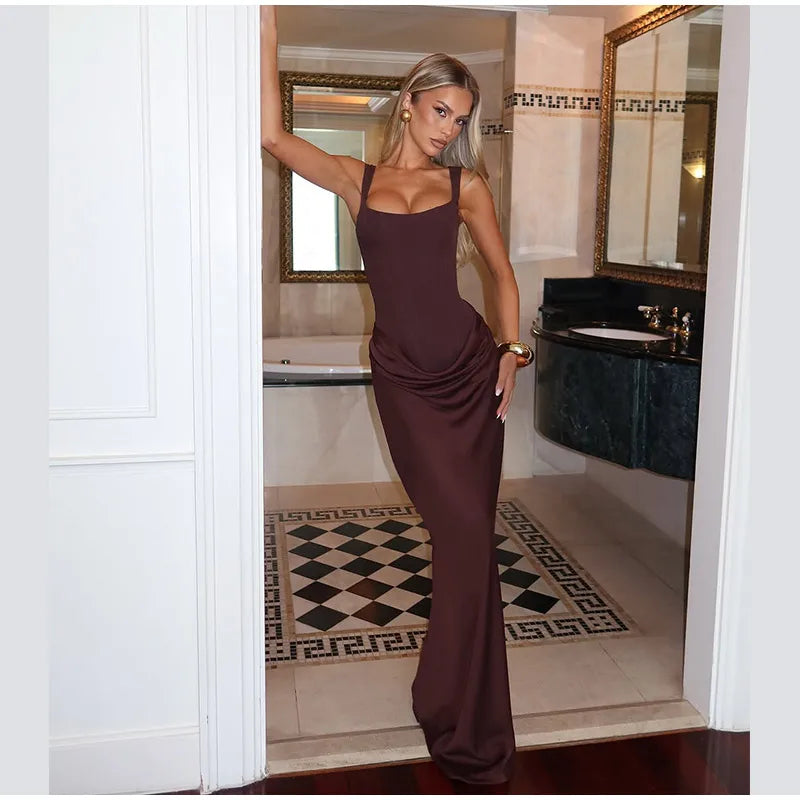 Women Brown Square-neck Pleated Sling Maxi Dress Sexy Sleeveless Off-shoulder Waist Cinching Slim Dresses Evening Party Gown
