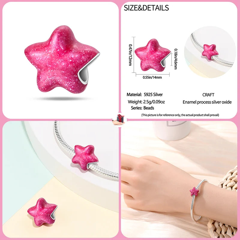 New 925 sterling silver bow star love pink series charm beads suitable for 3mm original bracelet DIY fashion jewelry gift