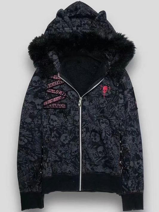 Goth Skull Print Y2k Hoodies Jackets Women Vintage Harajuku Coat Aesthetic Grunge Fur Patchwork Hooded Jacket Fairy Zipper Coat