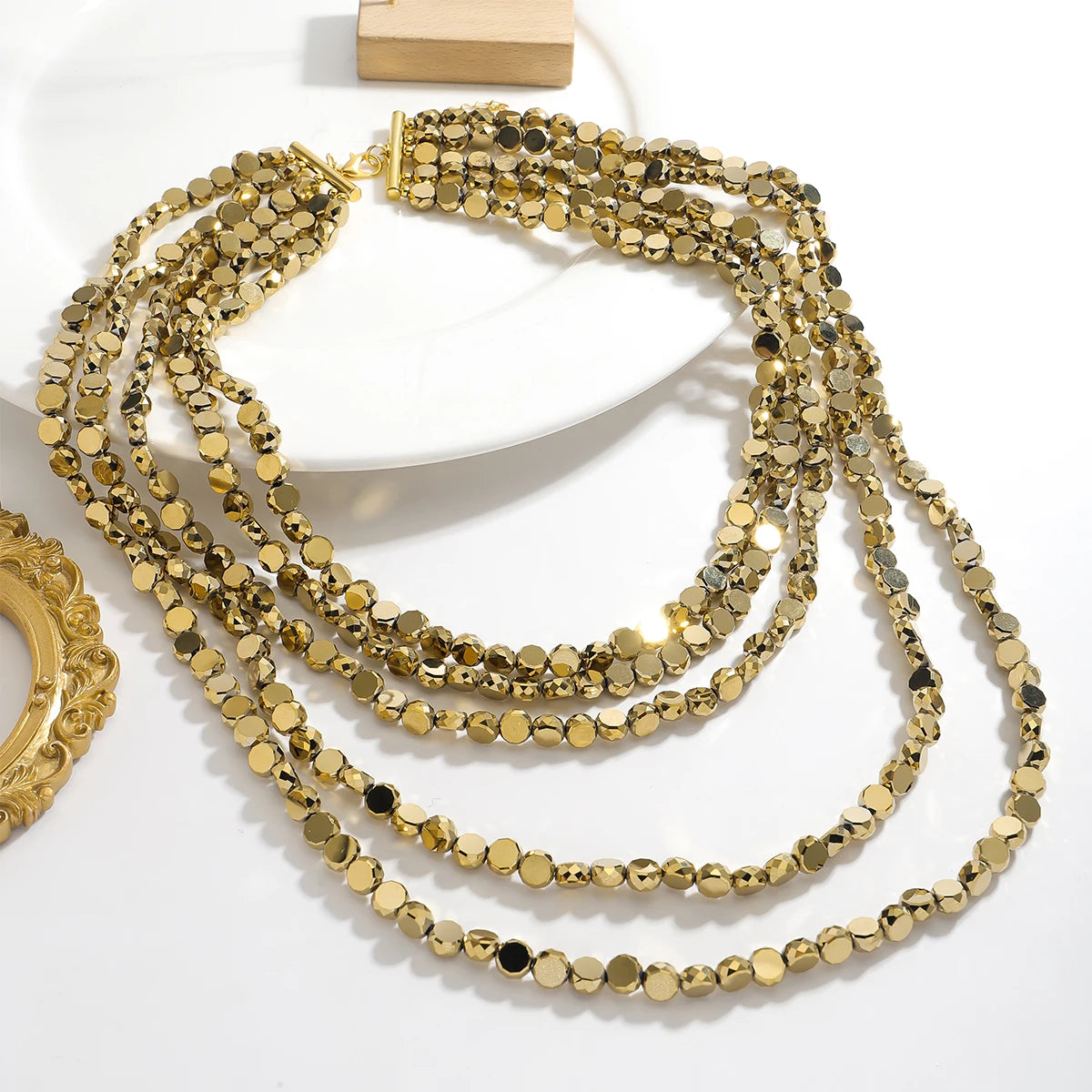 Golden Heavy Multilayer Beaded Chain Necklace For Women European American Bling Exaggerated Charm Party Jewelry Gift