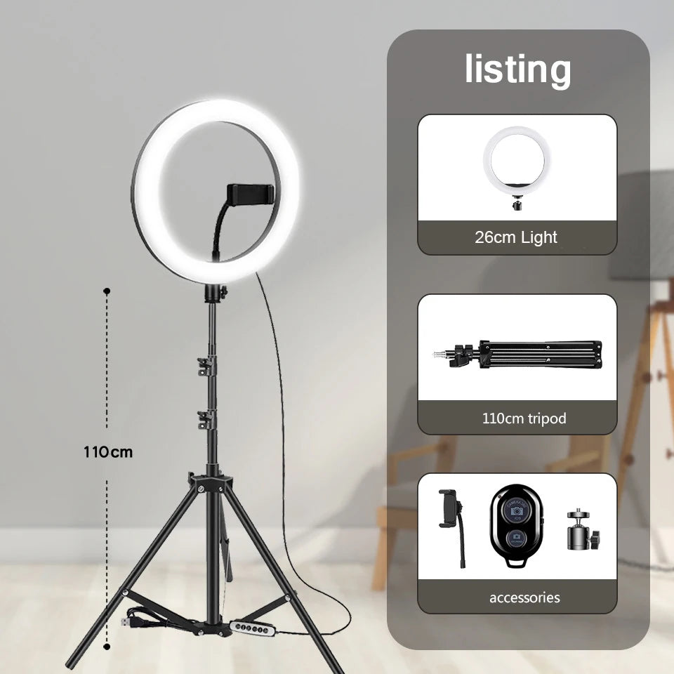 26CM Photography Lighting Vlog Youtube Fill Ring Light Lamp Live Phone Ringlight Tripod Stand Photo Led Selfie