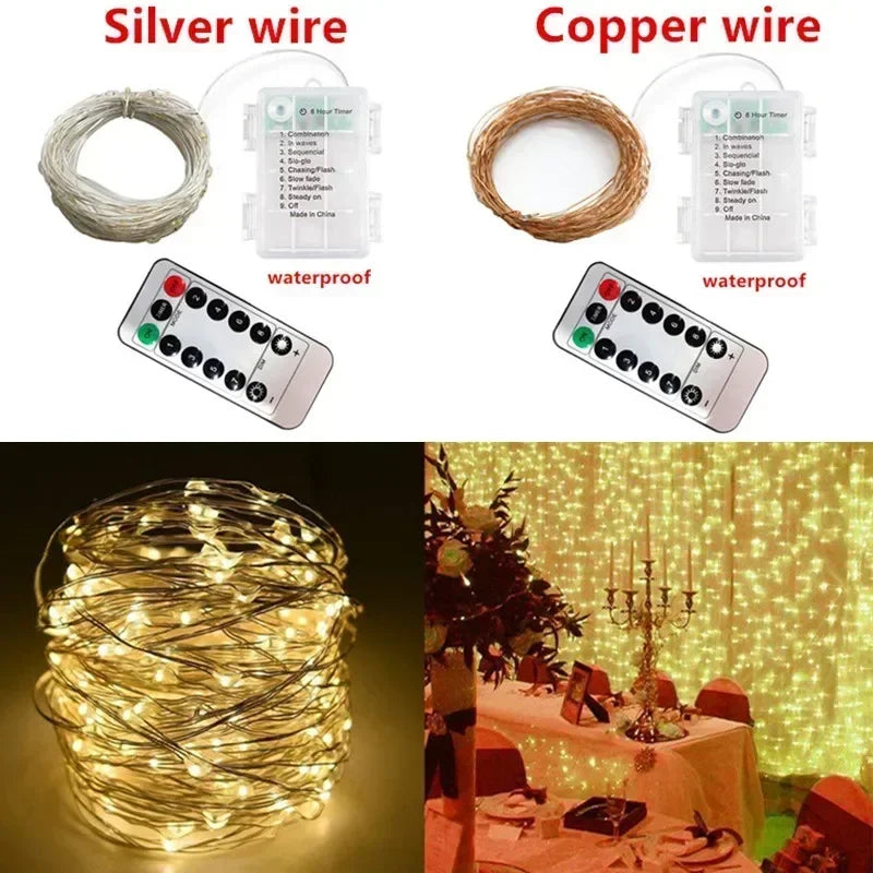 LED Fairy Silver Wire String Light Battery Box with 8 Mode Remote Control Wedding Christmas Garland Lamp Home Bedroom Decoration