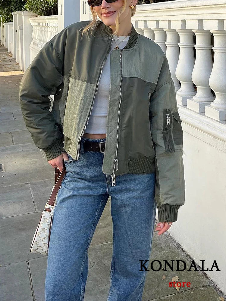 Streetwear Armygreen Bomber Jackets Women Patchwork Zipper Pockets Oversized Jackets Fashion 2025 Winter Autumn Coats