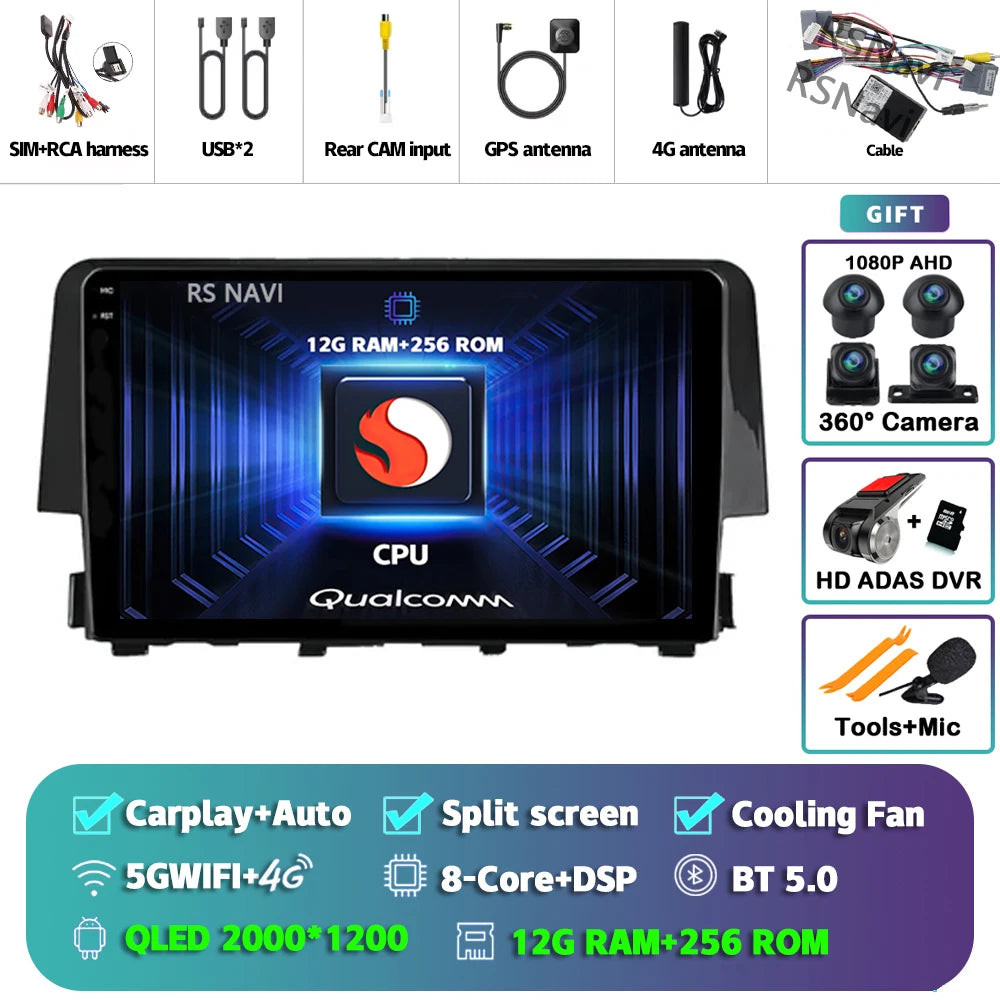 Android 15 Carplay Auto Car Radio Multimedia Player For Honda Civic 10 FC FK 2015 - 2020 Audio Autoradio Stereo 2din Wireless BT
