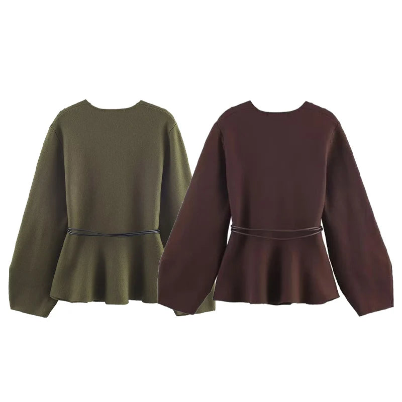 Woman Clothes Tops V Elegant Knit Cardigan For Women With V Neck Tie Waist And Flared Hem Autumn And Winter Workwear Top