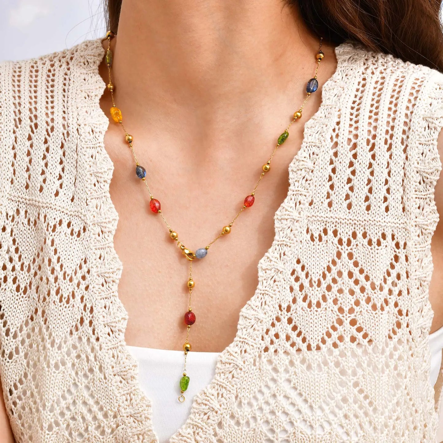 Colorful Rainbow Natural Stone Boho Necklace for Women, Stainless Steel Beaded Chain Y-Shaped Necklace, New Fashion Jewelry