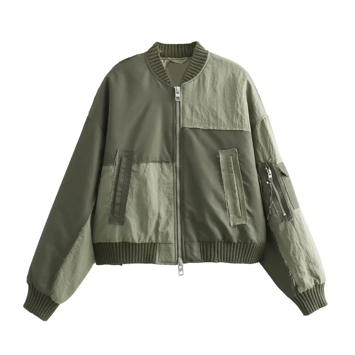 Streetwear Armygreen Bomber Jackets Women Patchwork Zipper Pockets Oversized Jackets Fashion 2025 Winter Autumn Coats