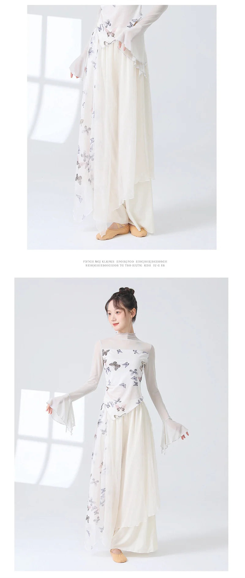 Women 2 Layers Dance Trousers Gauze Print Chiffon Culottes Flowy Skirt Pant Loose Wide Leg Modern Hanfu Elegant Practice Clothes
