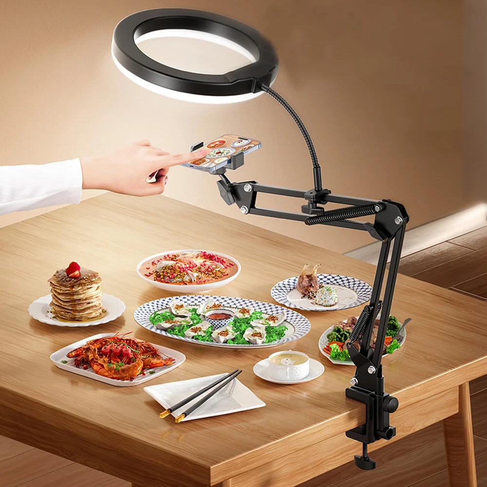 Ring Light with Stand and Phone Holder USB Ring Light with Clamp Overhead Camera Selfie Flexible Desk Tripod for Photography