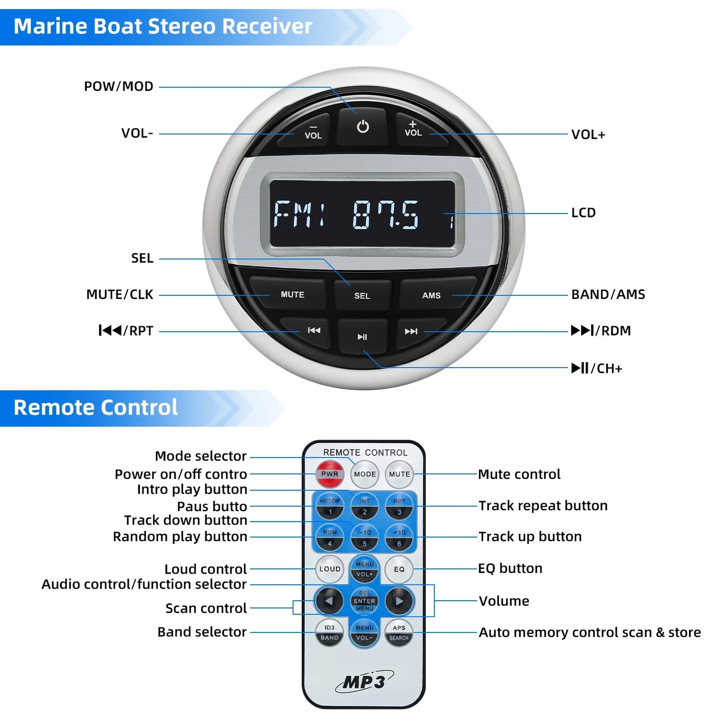 Digital Marine Media Player Boat Stereo Bluetooth-compatible MP3 Radio Waterproof FM AM Radio Receiver For Yacht UTV ATV
