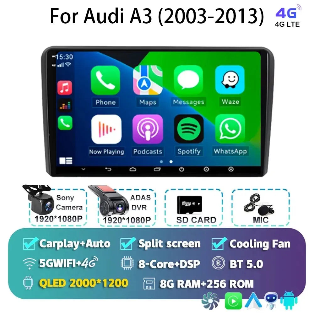 Car Radio Android 15 Carplay Auto For Audi A3 8P 2003-2013 2din Multimedia Player GPS Navigation Audio Stereo DSP Camera 5G BT